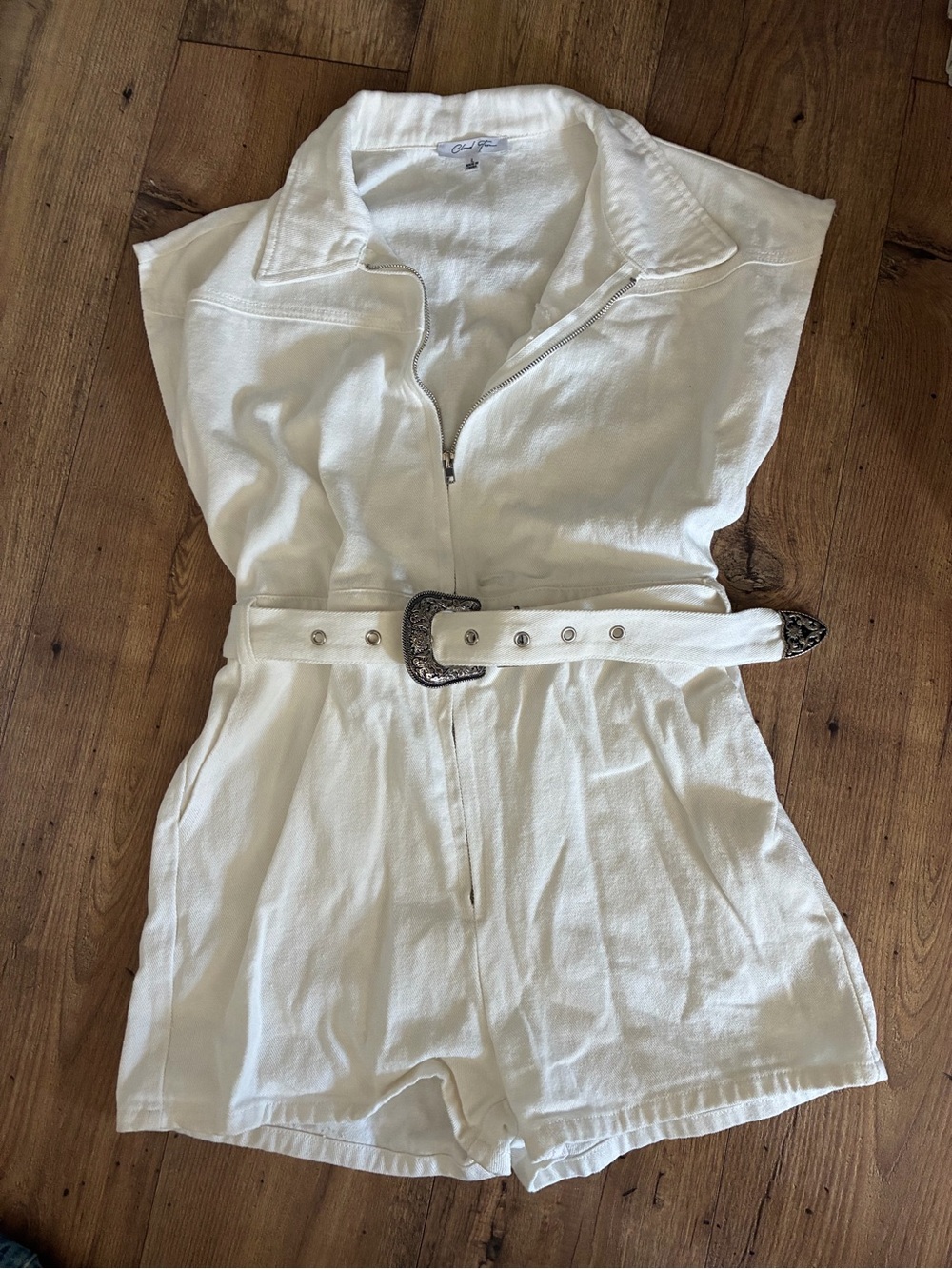 Cloud Ten White Denim Romper with Western Buckle Belt